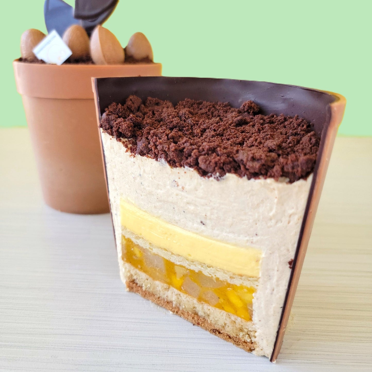 Meet Marguerite & Marge, springing into our menu for Easter! Cake description: Passion fruit cremeux, joconde biscuit, pear & Speculoos mousse, mango & pear, vanilla infused compote, light coconut biscuit on a citrus crumble.  Marguerite is great for 4 to 6 people & Marge is an individual cake.
