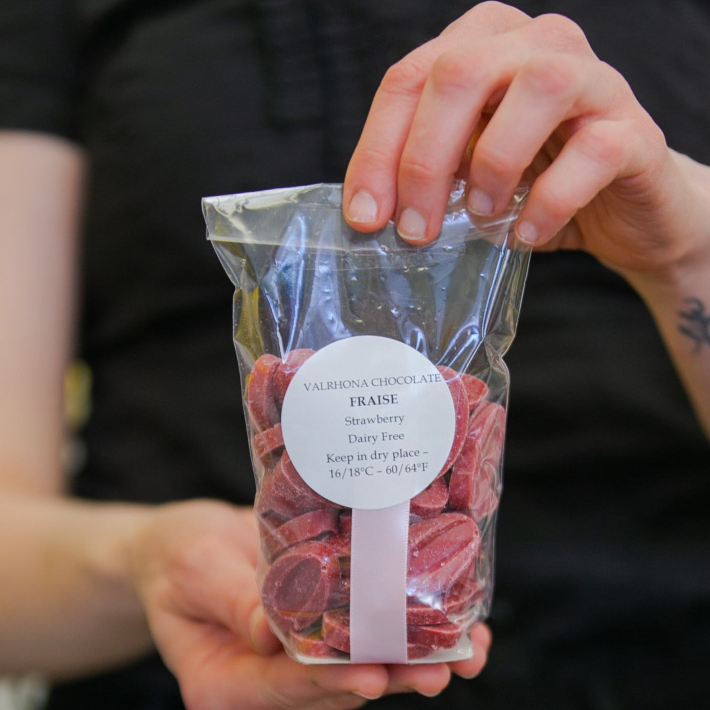 Valrhona Inspiration Fraise, Passion, Raspberry, Yuzu & Almond  Inspiration combines the intense, gourmet flavour of ripe fruit/nuts & cocoa butter with the unique texture of chocolate. All natural flavours & colours. Naturally dairy free!