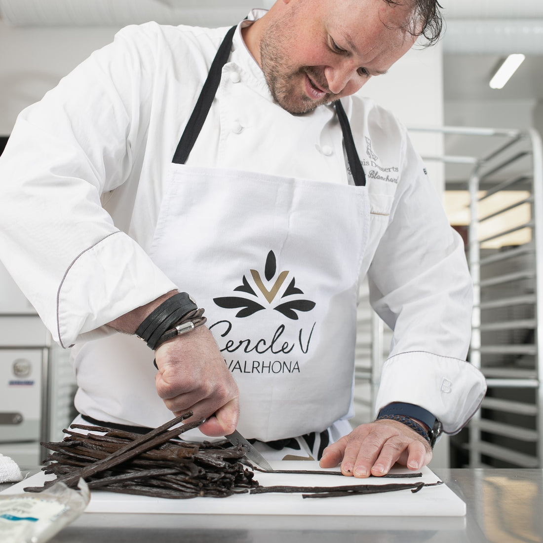Chef Yann Blanchard using Norohy vanilla and Valrhona chocolate. Yann Haute Patisserie, French desserts and bakery shop in Calgary. Best pastries like macarons, cakes, birthday cakes, bread, ice cream and almond croissants!