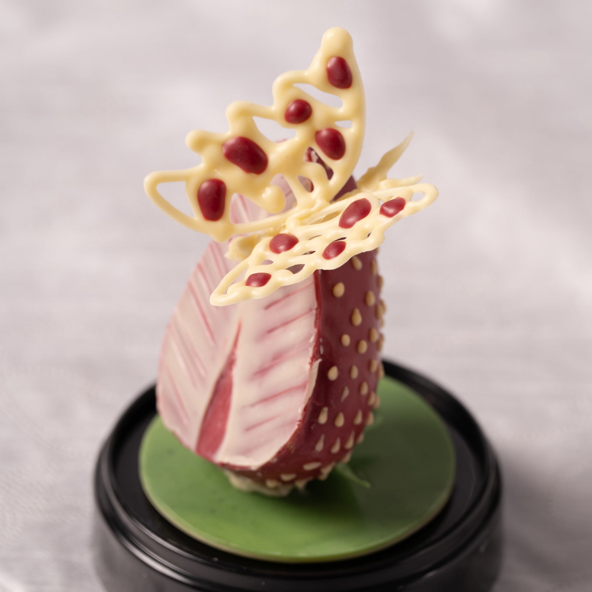 Close-up strawberry chocolate pastry with coconut praline layers, chocolate finish and fresh strawberry details, French bakery Calgary dessert, gourmet texture, Easter dessert YYC