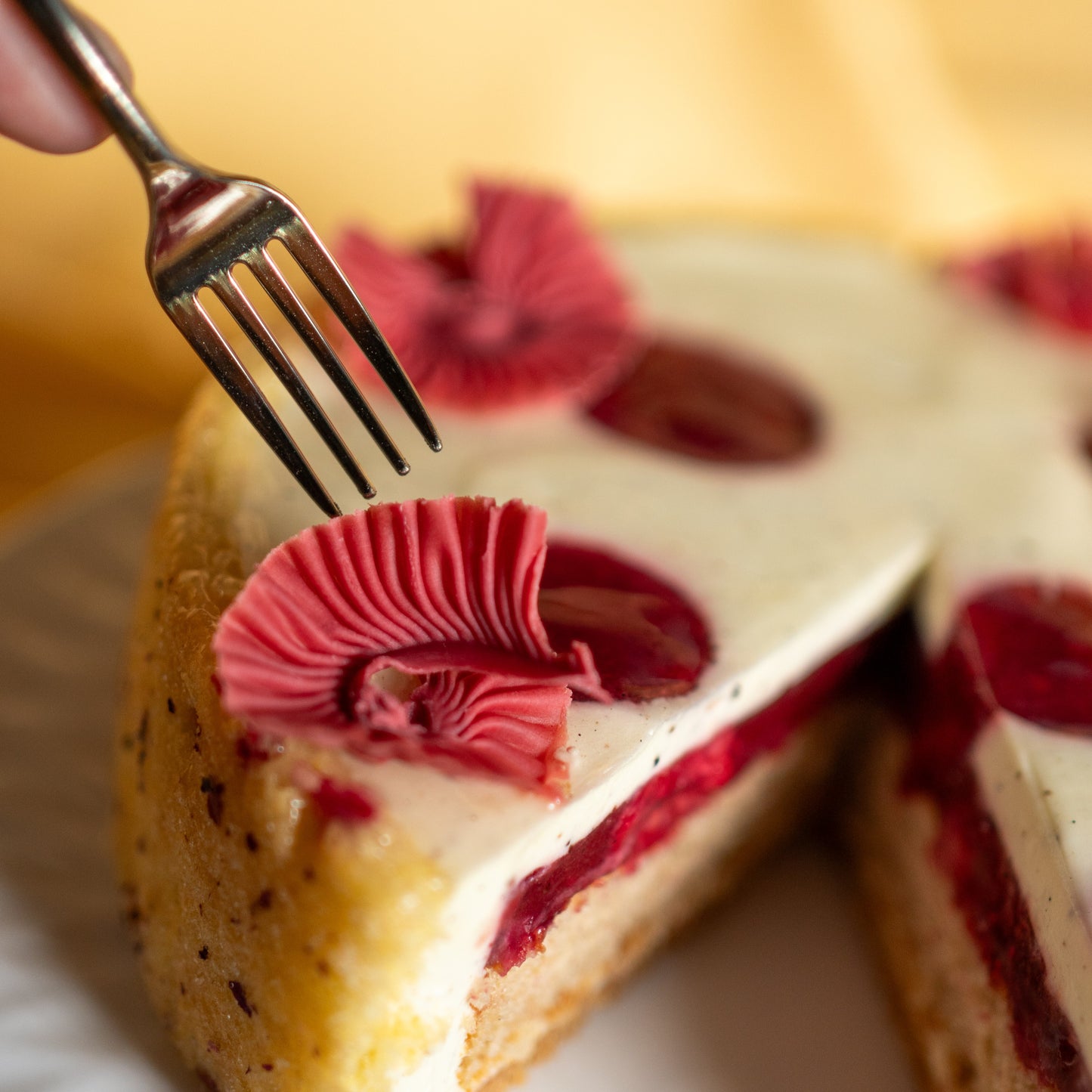 Close-up of a slice of Berrymisu cake with a fork piercing through it, on a blurred background.