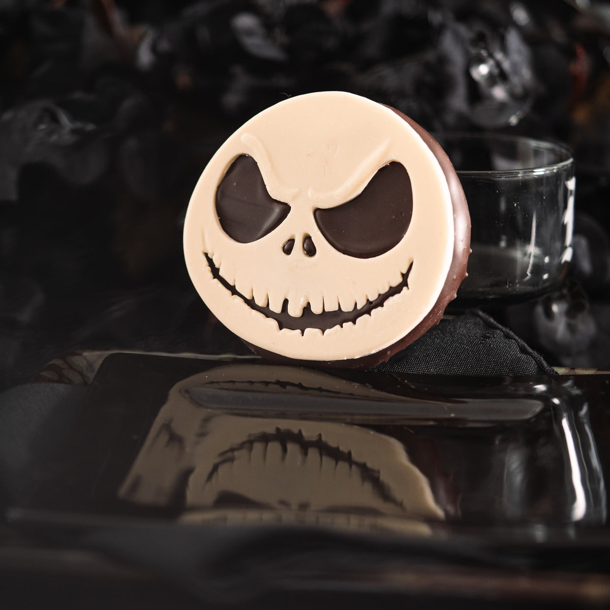 Halloween chocolate skull with corn and Timut pepper ganache, salted butter caramel and white chocolate.