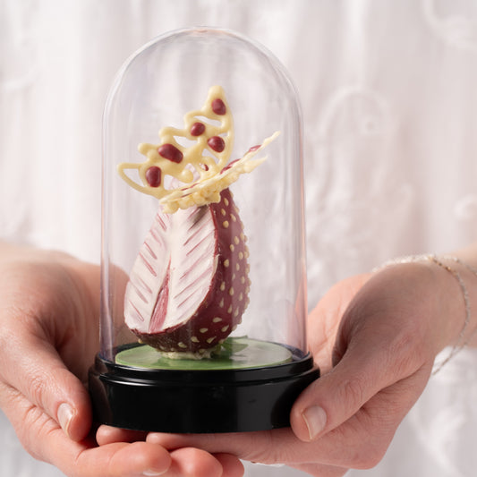 Strawberry chocolate dessert Calgary, handcrafted Easter pastry with coconut praline and chocolate butterfly, fresh strawberry dessert by Yann Haute Patisserie, luxury bakery YYC, elegant seasonal treat