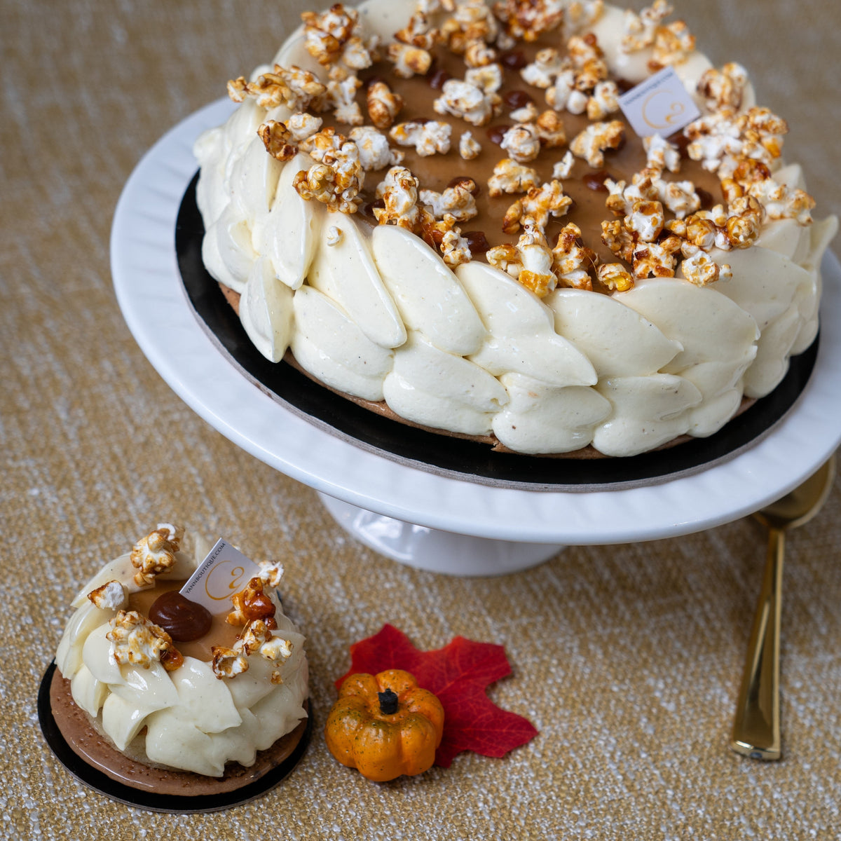 Seasonal Thanksgiving celebration cake with creamy pumpkin crème brûlée, vanilla bean chantilly and crisp shortbread in Calgary.