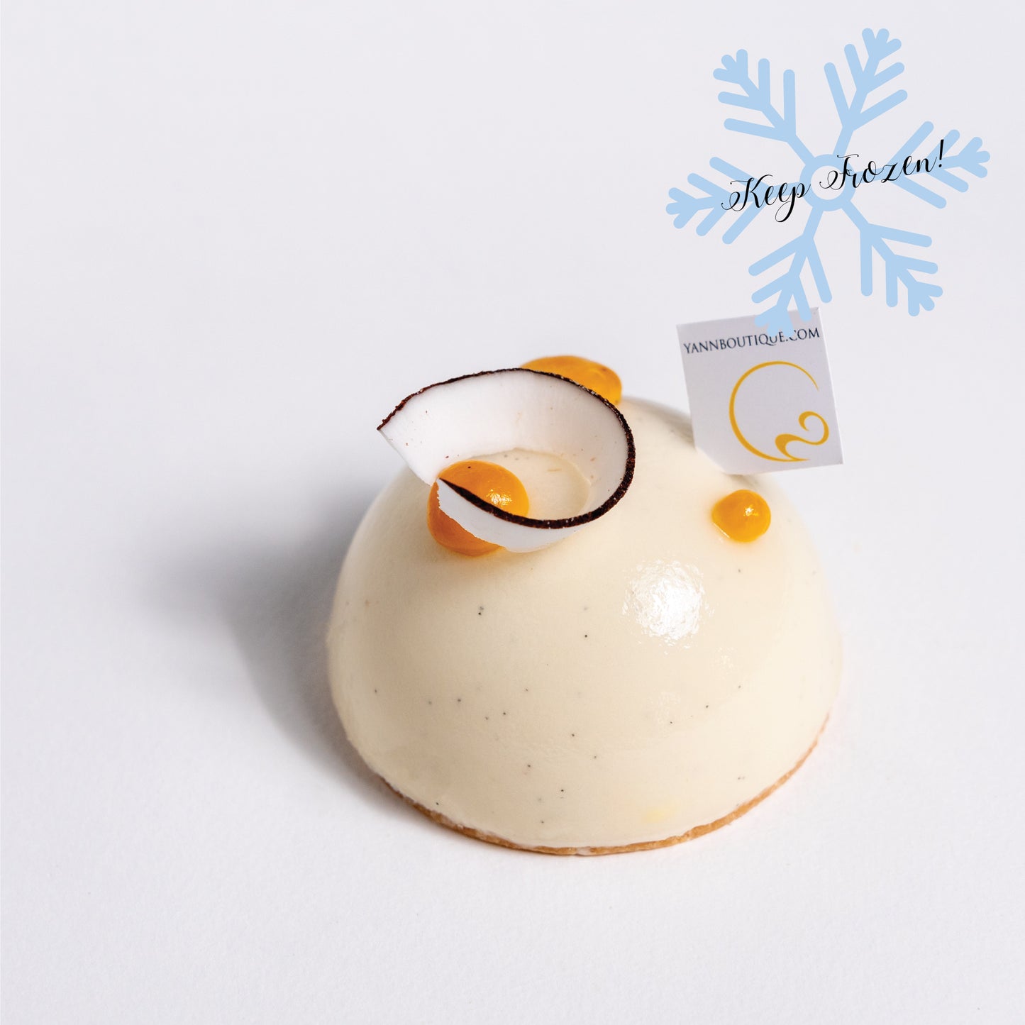 Mango and passion fruit sorbet dessert with coconut layers and tropical flavours
