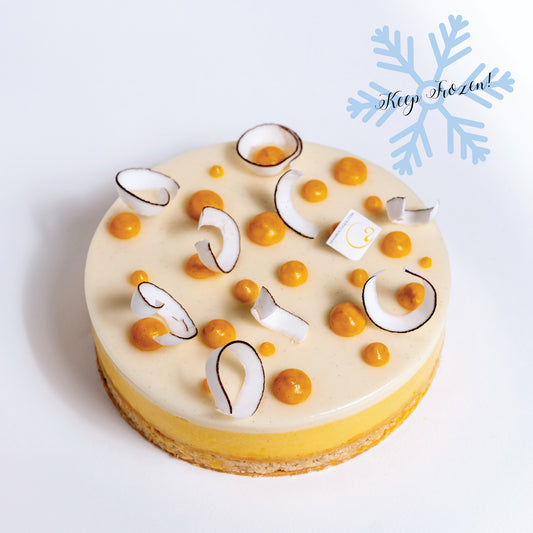 Frozen dessert with white vanilla coconut cream layer, yellow mango/passion fruit sorbet, candied coconut shavings, and passion fruit compote dots.